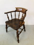 AN ANTIQUE ELM SEATED SMOKERS BOW CHAIR