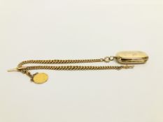 A 9CT GOLD DOUBLE POCKET WATCH CHAIN WITH 1872 FULL SOVEREIGN IN PENDANT MOUNT AND 9CT GOLD
