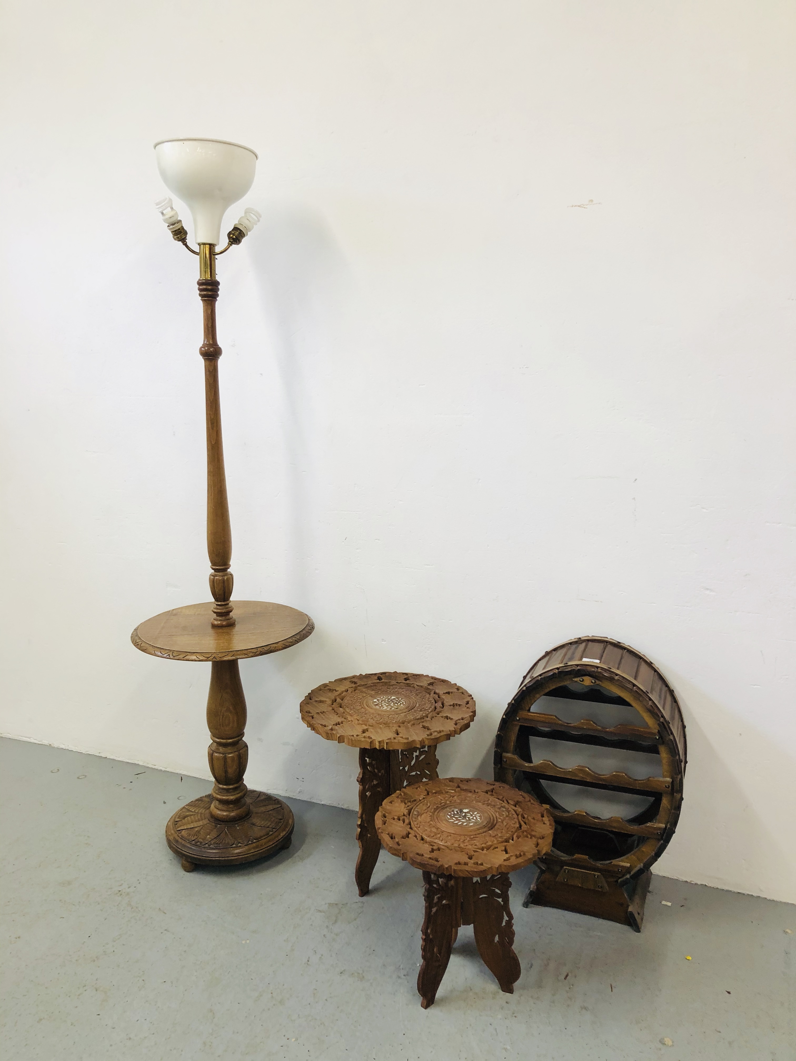 WINE RACK IN THE FORM OF A BARREL TOGETHER WITH 2 HARDWOOD CARVED FOLDING TABLES