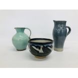 BOLINGEY STUDIO POTTERY JUG WITH SCROLLED HANDLE,