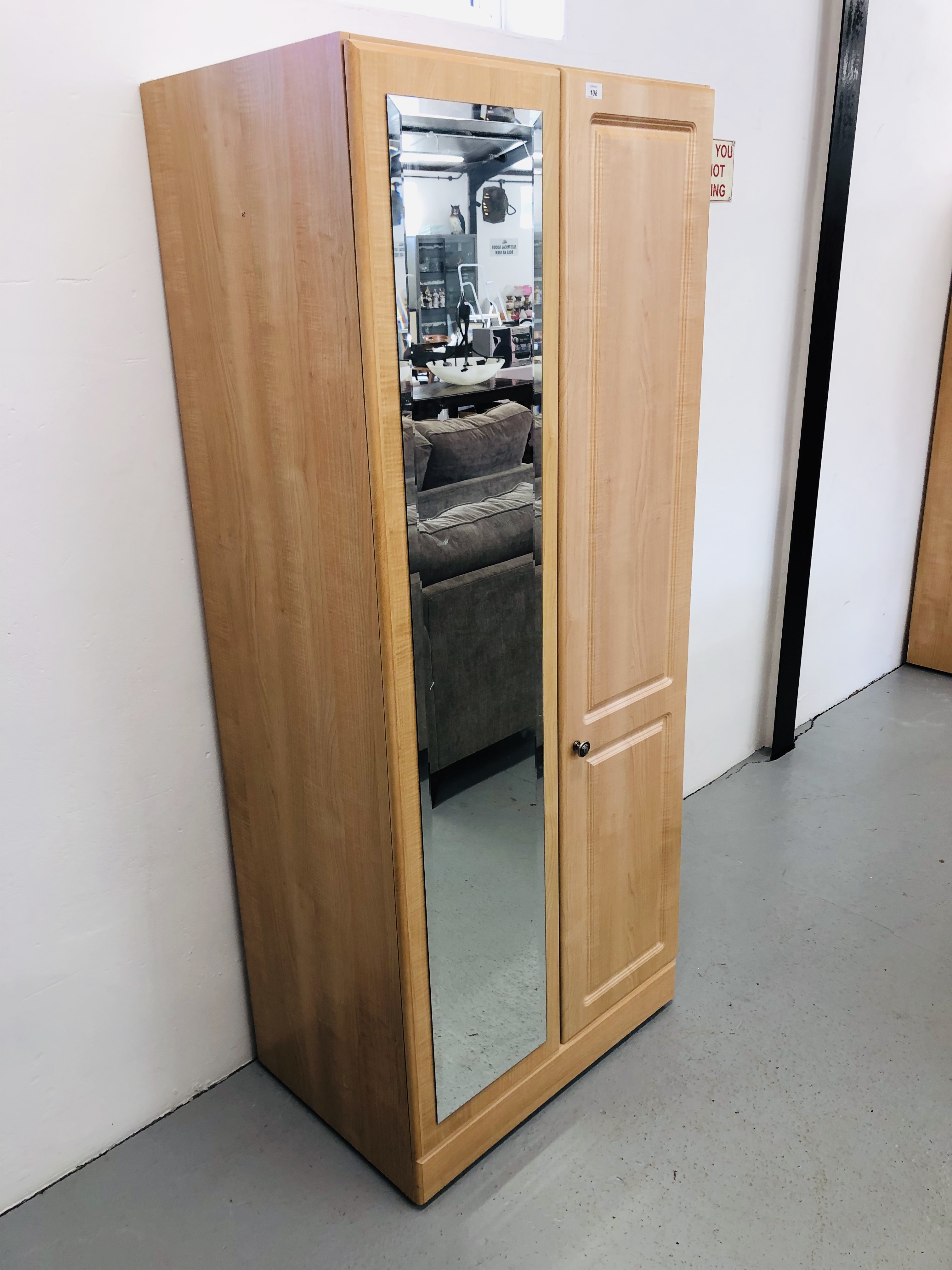 A MODERN TWO DOOR LIMED FINISH WARDROBE WITH MIRROR TO ONE DOOR WIDTH 80CM. HEIGHT 192CM. - Image 3 of 4