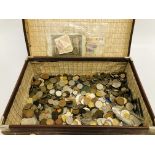 OLD SUITCASE WITH A HEAVY ACCUMULATION OF COINS, GB AND OVERSEAS,