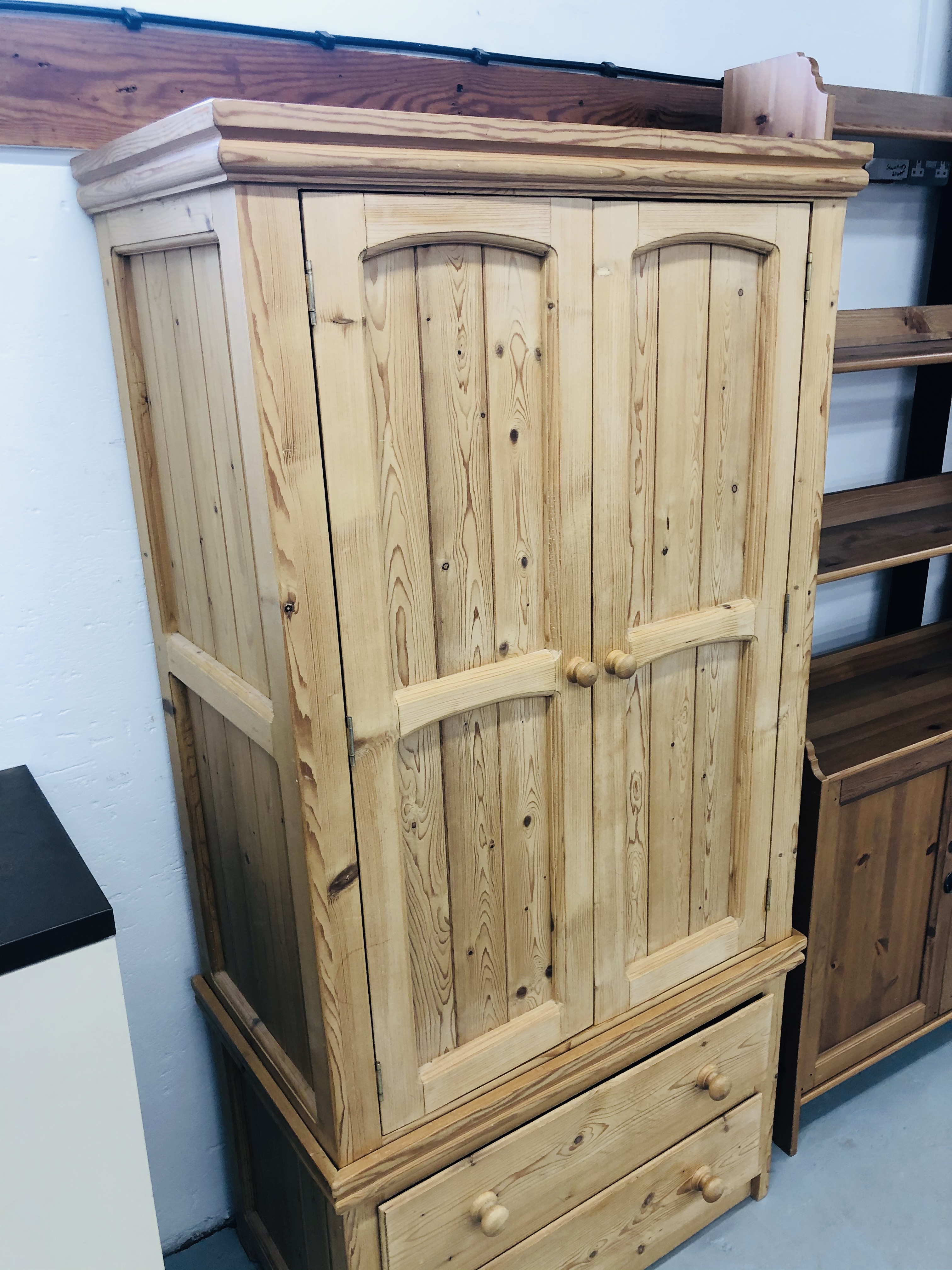 WAXED PINE 2 DOOR WARDROBE WITH 2 DRAWER BASE W36INCH, - Image 3 of 4