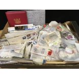 BOX OF LOOSE STAMPS, FIRST DAY COVERS, A FEW MINT GB DECIMAL,