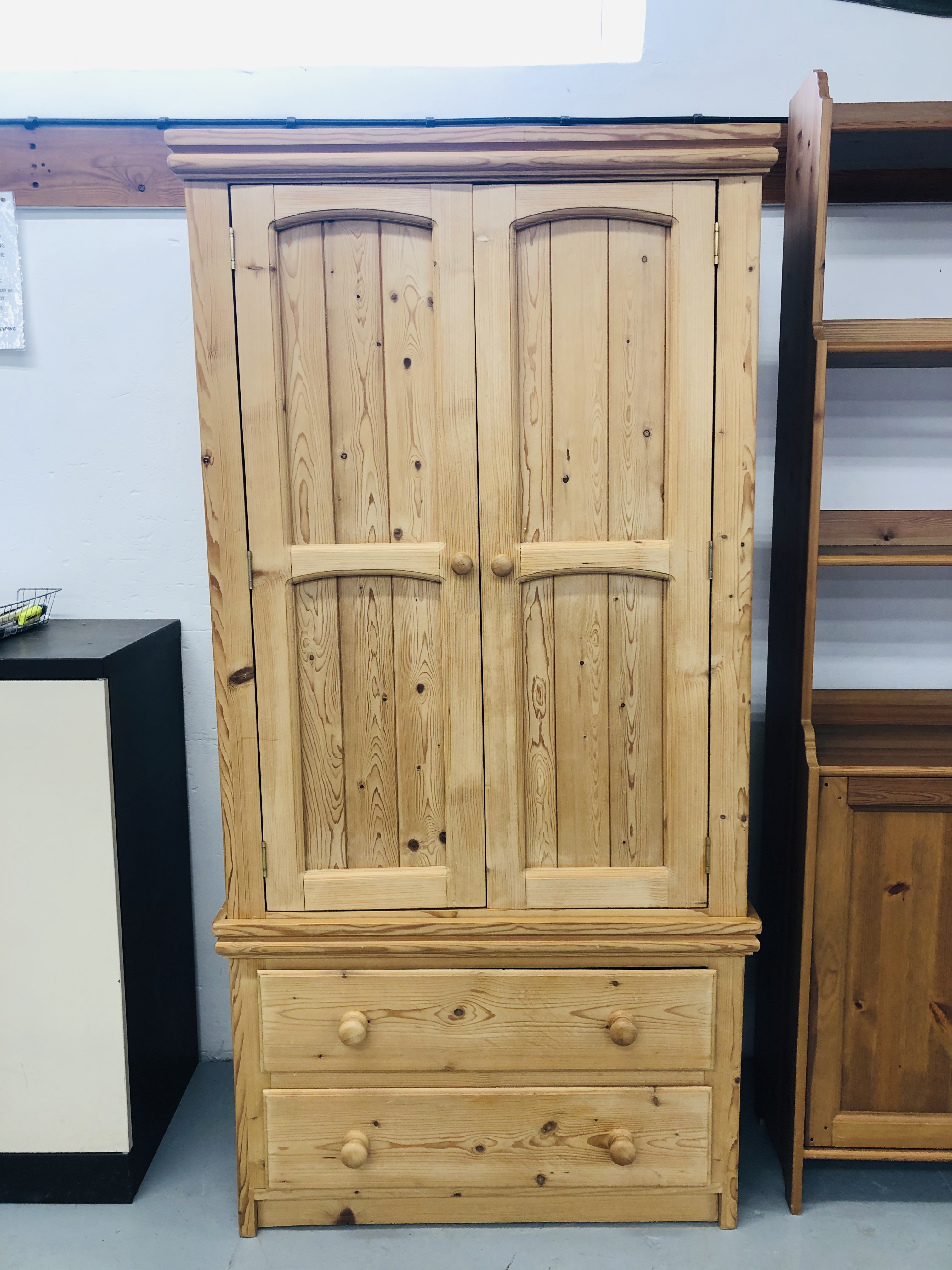 WAXED PINE 2 DOOR WARDROBE WITH 2 DRAWER BASE W36INCH,