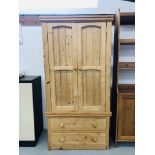 WAXED PINE 2 DOOR WARDROBE WITH 2 DRAWER BASE W36INCH,