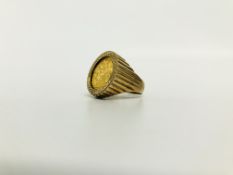 A 9CT RING CONTAINING A 1908 HALF SOVEREIGN COIN