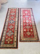 2 X RED PATTERNED EASTERN HALL RUNNERS 200CM. X 60CM. AND 180CM. X 65CM.