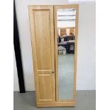 A MODERN TWO DOOR LIMED FINISH WARDROBE WITH MIRROR TO ONE DOOR WIDTH 80CM. HEIGHT 192CM.