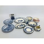 SEVEN BLUE AND WHITE OLD ENGLISH STAFFORDSHIRE WARE PLATES DEPICTING DIFFERENT LAND MARKS TOGETHER