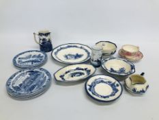 SEVEN BLUE AND WHITE OLD ENGLISH STAFFORDSHIRE WARE PLATES DEPICTING DIFFERENT LAND MARKS TOGETHER