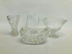 GOOD QUALITY CUT GLASS BASKET ALONG WITH A JUG,