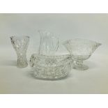 GOOD QUALITY CUT GLASS BASKET ALONG WITH A JUG,