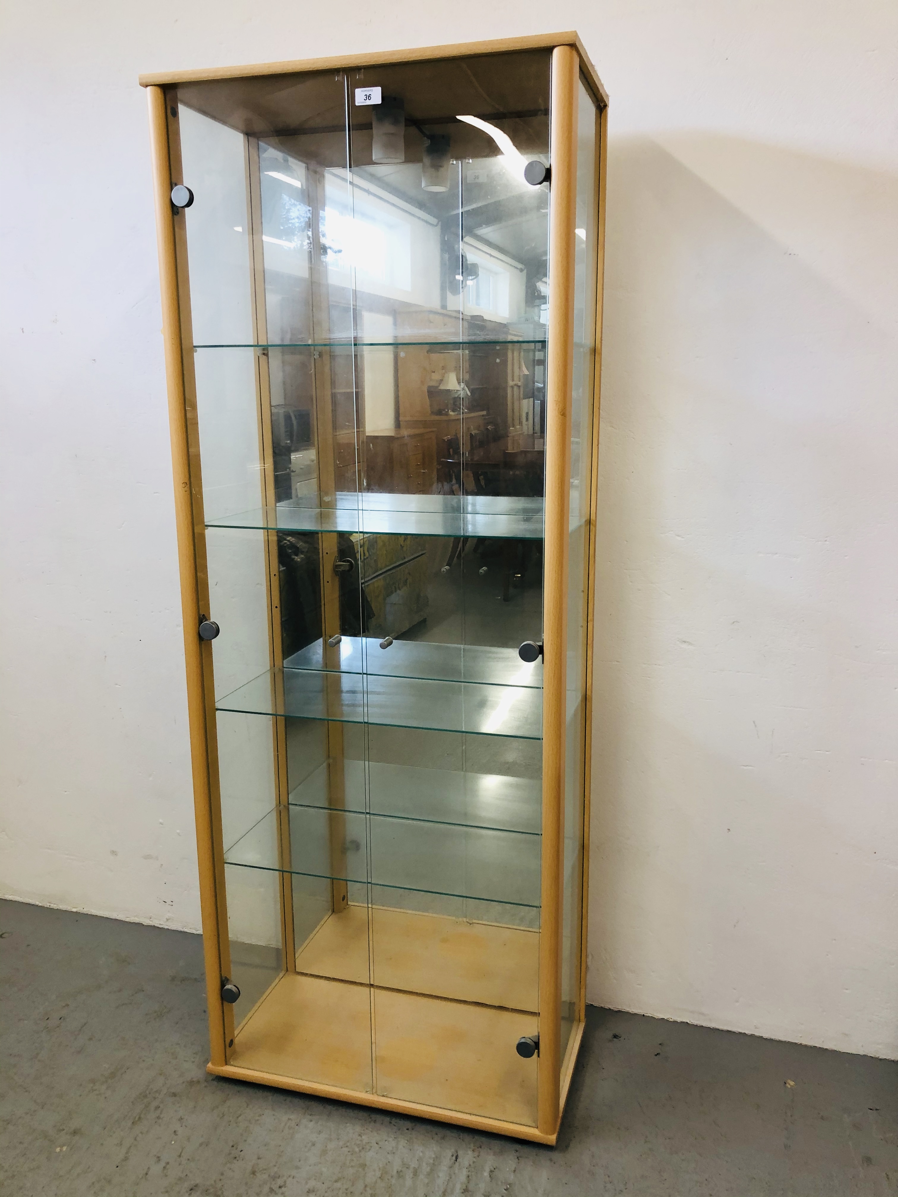 BEECHWOOD FINISH FULL HEIGHT MODERN DISPLAY CABINET WITH MIRRORED BACK AND ILLUMINATION HEIGHT 67