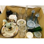 BOX OF SUNDRIES TO INCLUDE 1930'S STYLE BLUE GLASS DRESSING TABLE SET, ORIENTAL MODEL OF A DUCK,