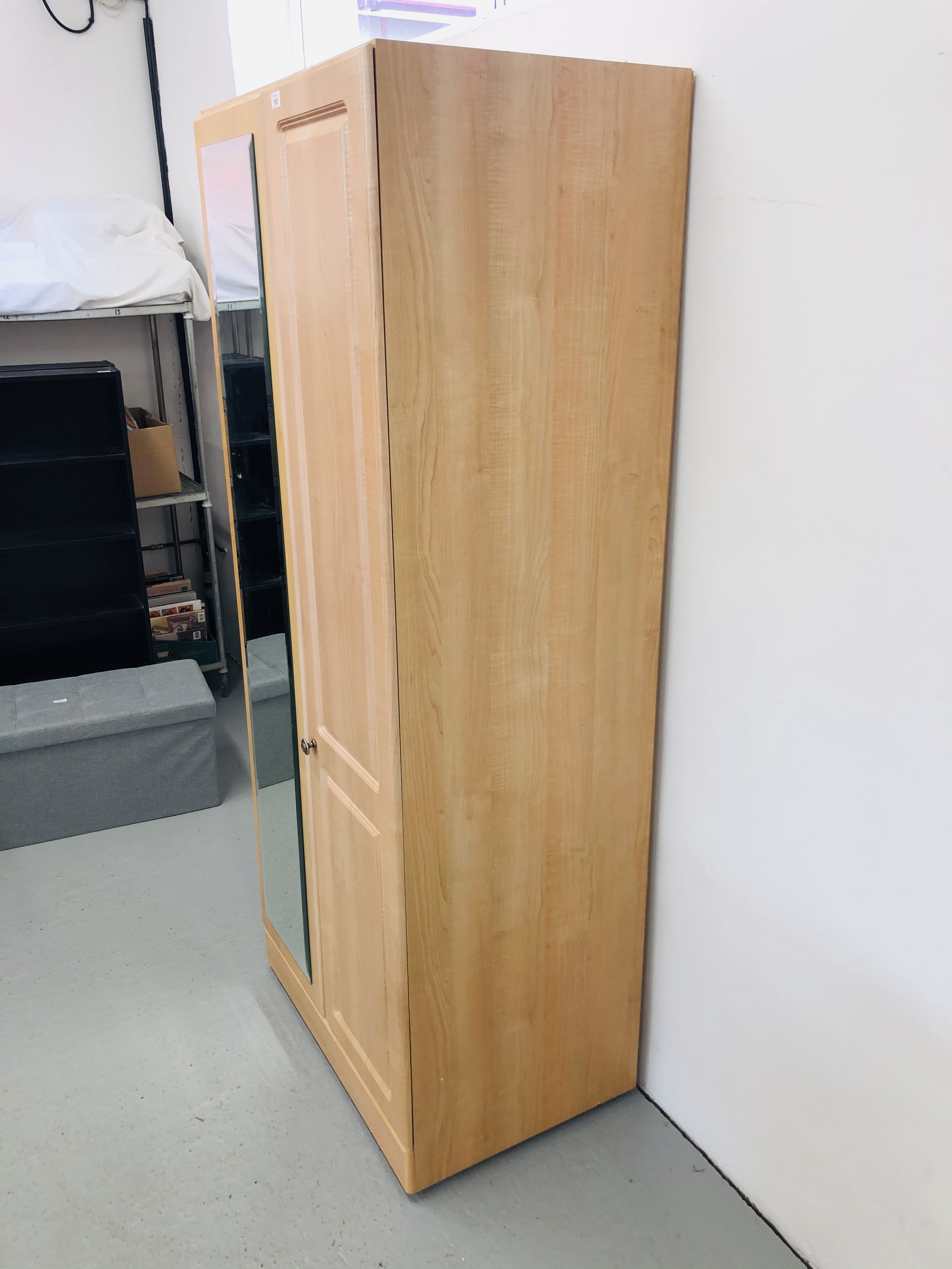 A MODERN TWO DOOR LIMED FINISH WARDROBE WITH MIRROR TO ONE DOOR WIDTH 80CM. HEIGHT 192CM. - Image 2 of 4