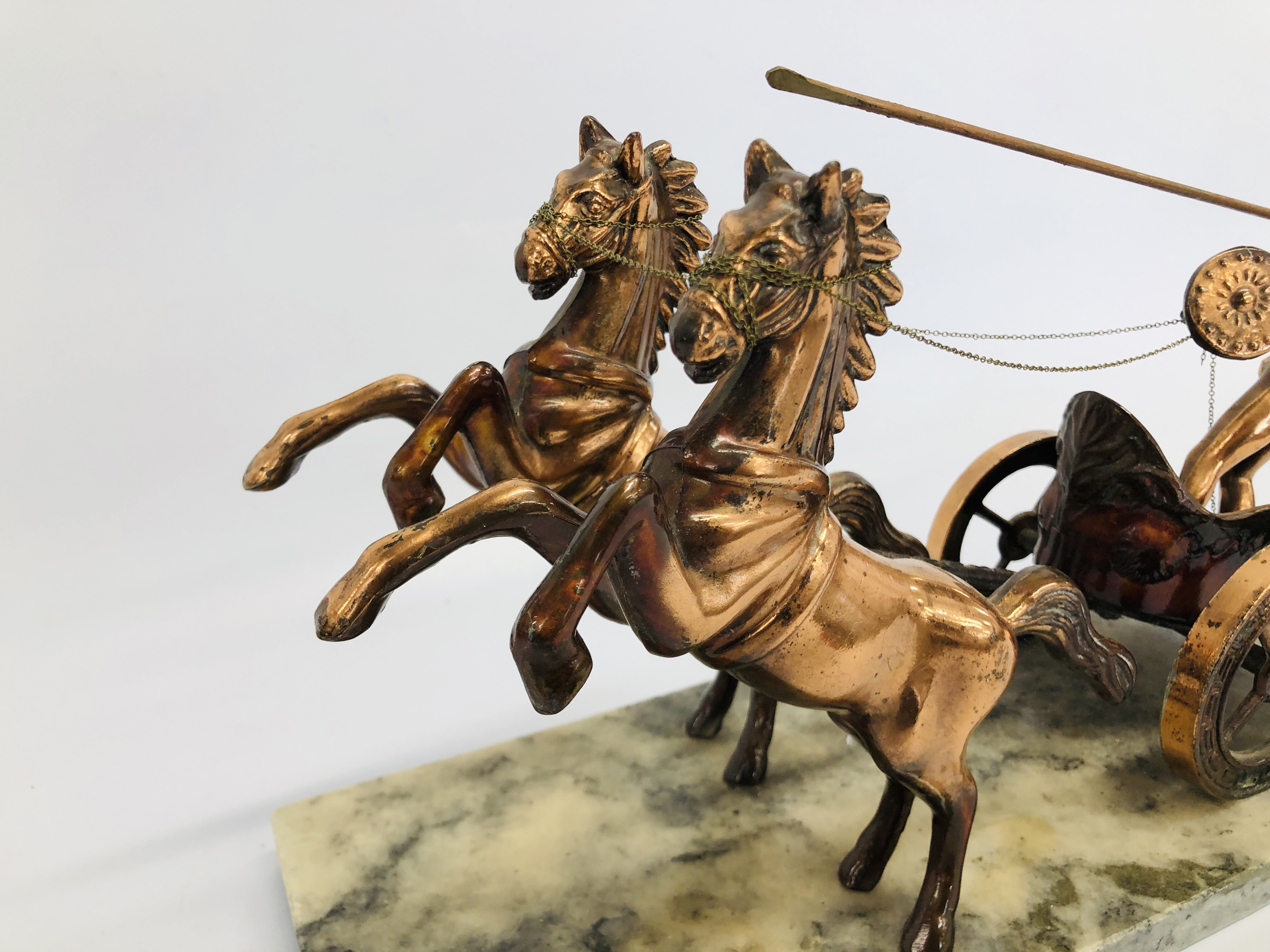 COPPER FINISH CHARIOT ON MARBLE BASE - Image 3 of 3