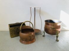 A LARGE BRASS AND COPPER PLANTER, A BRASS AND COPPER COAL BUCKET,