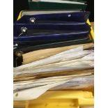 YELLOW CRATE OF STAMP COLLECTIONS IN SIX ALBUMS AND LOOSE