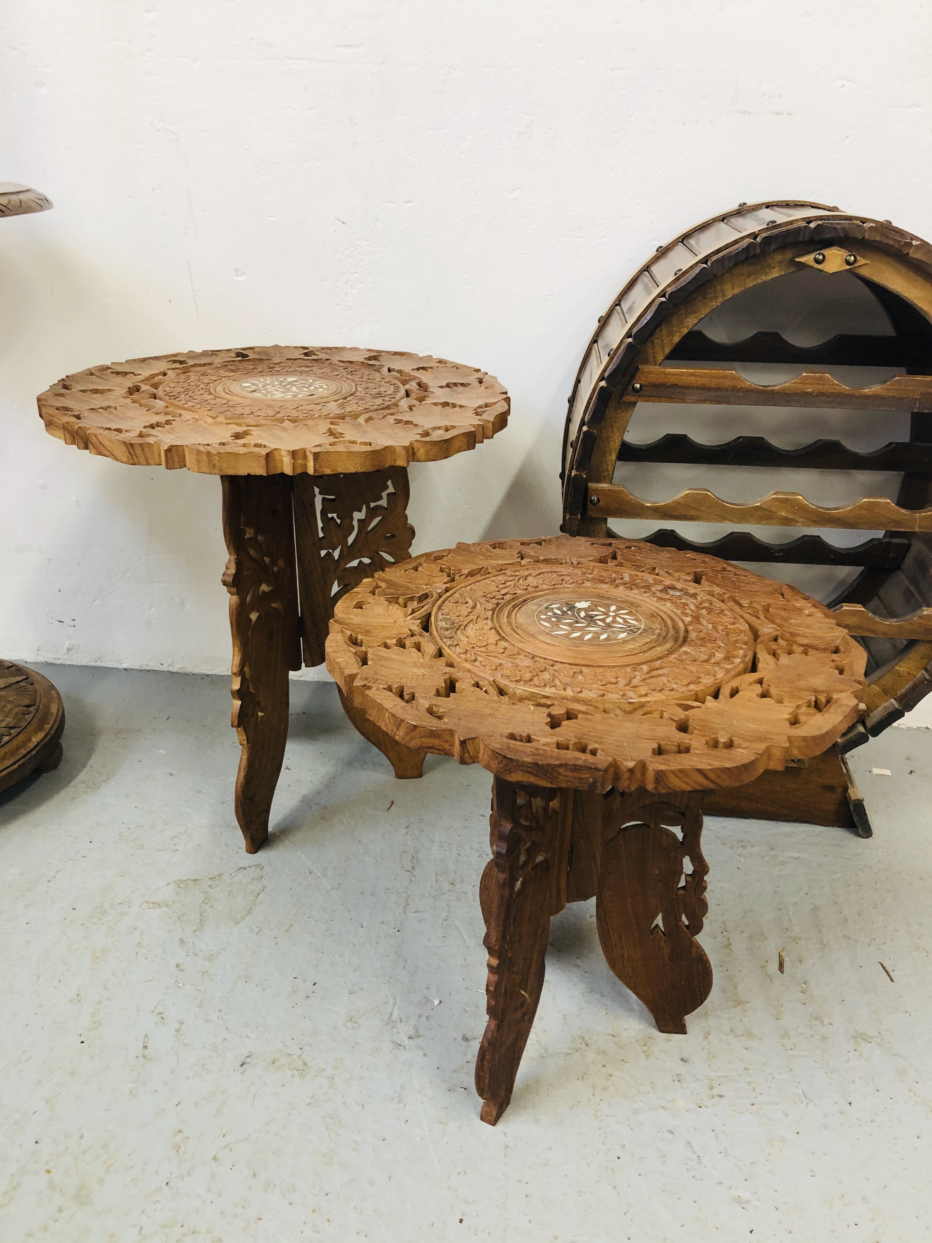 WINE RACK IN THE FORM OF A BARREL TOGETHER WITH 2 HARDWOOD CARVED FOLDING TABLES - Image 2 of 4