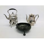 SILVER PLATED SPIRIT KETTLE AND BURNER, PLATED COFFEE POT WITH ETCHED DETAIL, PEWTER W & CO.
