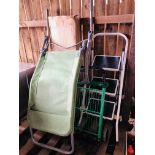 A SET OF THREE TREAD FOLDING HOUSEHOLD STEPS, A COMBINATION SACK BARROW,