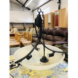 A LARGE FOUNDRY MADE IRON CRAFT CENTRE LIGHT FITTING - DIAMETER 24 INCH AND FOUR MATCHING WALL