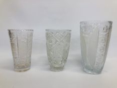 3 X GOOD QUALITY HEAVY CUT GLASS VASES OF VARYING SIZES