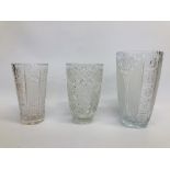 3 X GOOD QUALITY HEAVY CUT GLASS VASES OF VARYING SIZES