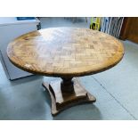 CIRCULAR PINE BLOCK WORK TOP SINGLE PEDESTAL TABLE