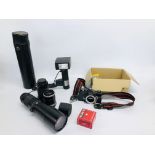BOX CONTAINING A COLLECTION OF CAMERA ACCESSORIES TO INCLUDE COSINA CSM BODY VARIOUS LENSES