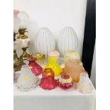 PAIR OF ART DECO STYLE GLASS SHADES TOGETHER WITH A CRANBERRY & YELLOW SHADE 1960'S STYLE GLASS