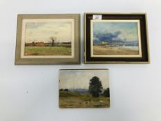 THREE OIL ON BOARD PAINTINGS BEARING SIGNATURE GEOFFREY BURROWS THE LARGEST 15 X 20 CM.