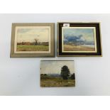 THREE OIL ON BOARD PAINTINGS BEARING SIGNATURE GEOFFREY BURROWS THE LARGEST 15 X 20 CM.