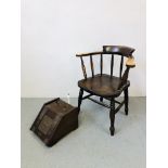 A SMOKERS BOW CHAIR AND OAK COAL BOX WITH SHOVEL (LINER MISSING)