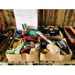 4 BOXES CONTAINING SHED SUNDRIES TO INCLUDE HAND TOOLS, GARDENING CHEMICALS,