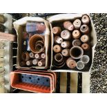 TWO BOXES CONTAINING A COLLECTION OF TERRACOTTA AND PLASTIC PLANT POTS PLUS THREE PLASTIC PLANTING