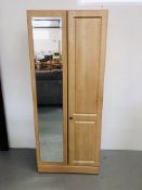 A MODERN TWO DOOR LIMED FINISH WARDROBE WITH MIRROR TO ONE DOOR WIDTH 80CM. HEIGHT 192CM.