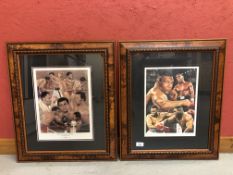 TWO FRAMED AND MOUNTED BOXING PRINTS "THREE GREAT HEAVYWEIGHTS" BY STEPHEN DOIG AND "IRON MAN"