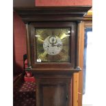 OAK LONG CASE CLOCK. THE BRASS AND SILV