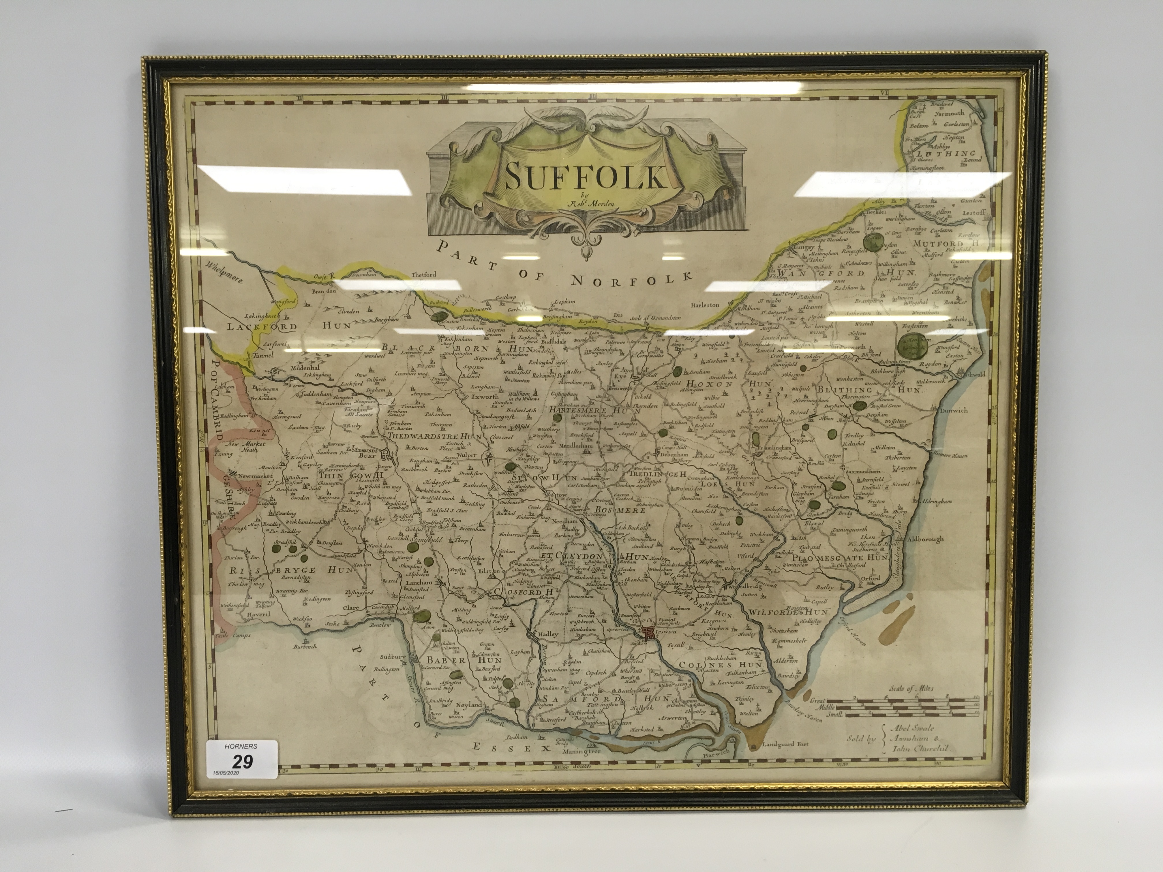 FRAMED HAND COLOURED MAP "SUFFOLK" BY RO