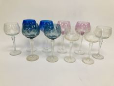 SET OF SIX ACID ETCHED HOCK GLASSES IN V