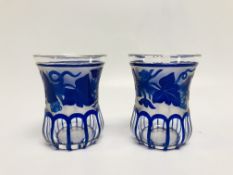 A PAIR OF BLUE ETCHED GLASS WAISTED BEAK