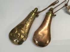 TWO C19TH COPPER AND BRASS SHOT FLASKS