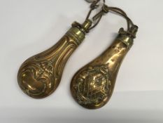 TWO C19TH COPPER AND BRASS SHOT FLASKS