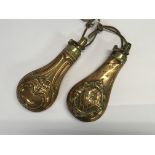 TWO C19TH COPPER AND BRASS SHOT FLASKS
