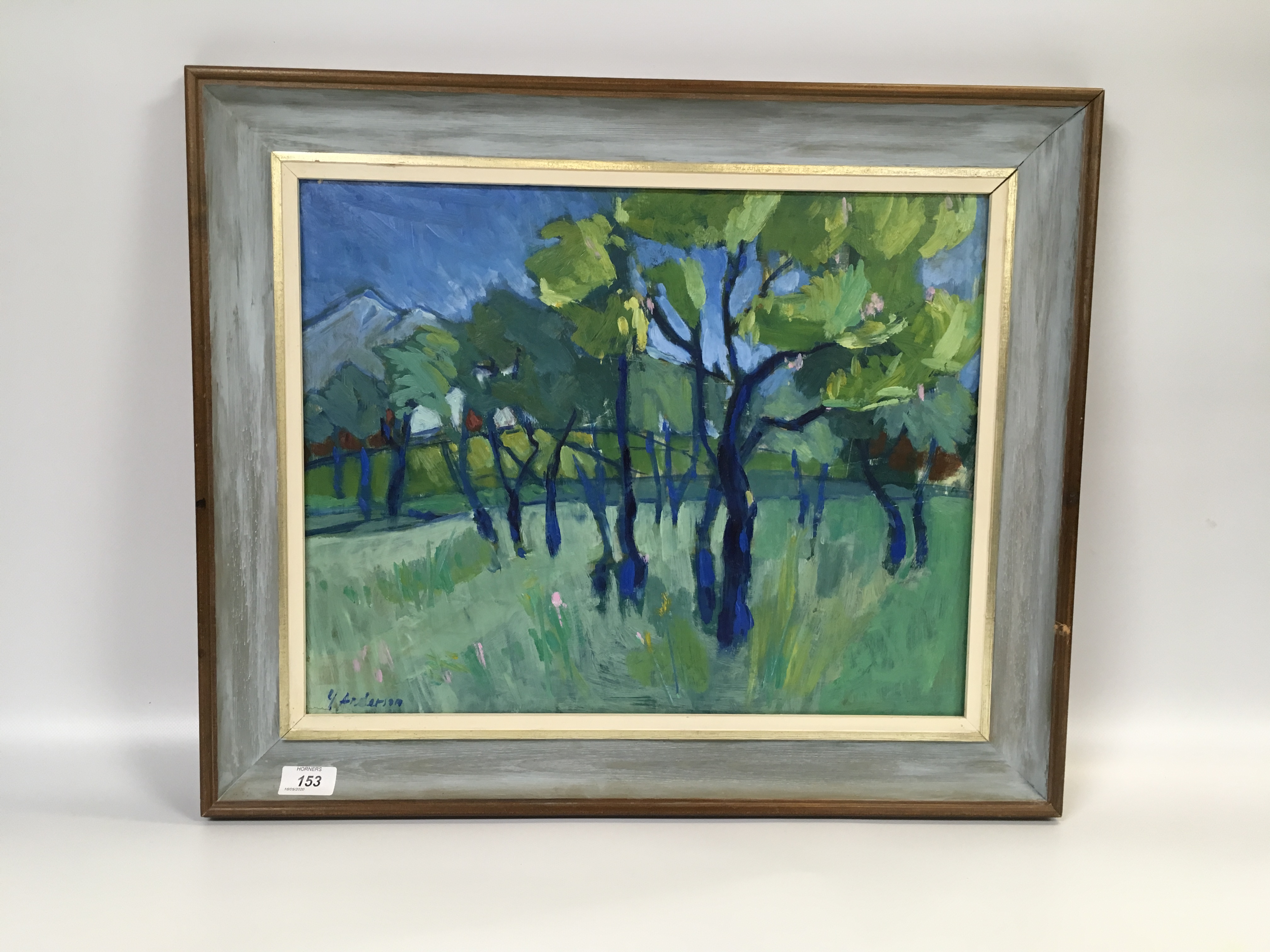 CONTEMPORARY OIL ON BOARD "ORCHARD SCENE