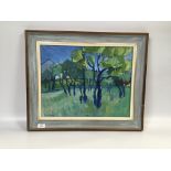 CONTEMPORARY OIL ON BOARD "ORCHARD SCENE