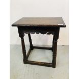 AN OAK JOINT STOOL THE BASE 17TH.CENT. T