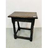 AN OAK JOINT STOOL THE BASE MAINLY 17TH.